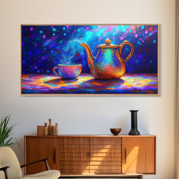 Iridescent Teapot And Teacup Still Life Canvas Print, Colorful Kitchen Wall Art, Tea Lover Gift, Modern Home Decor, Dining Room Print