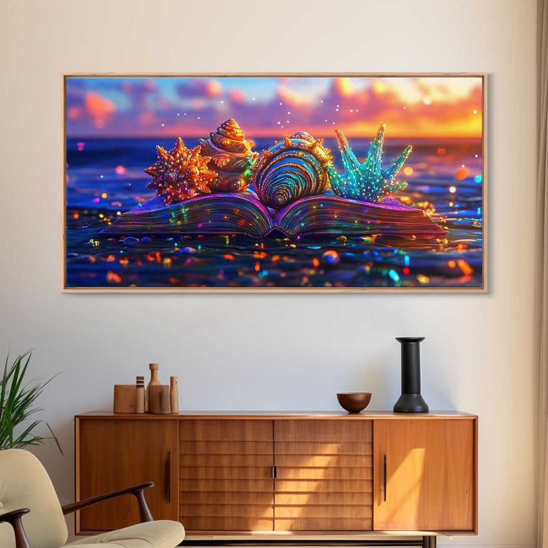 Glowing Seashells On Open Book Framed Canvas Print, Coastal Wall Art, Beach House Decor, Ocean Lover Gift For Her, Nautical Home Decor