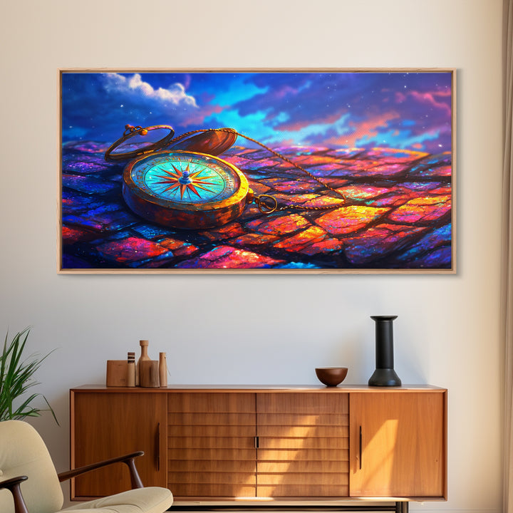 Antique Compass On Rainbow Cobblestones Canvas Print, Travel Wall Art, Wanderlust Decor, Nautical Office Decor Gift For Him