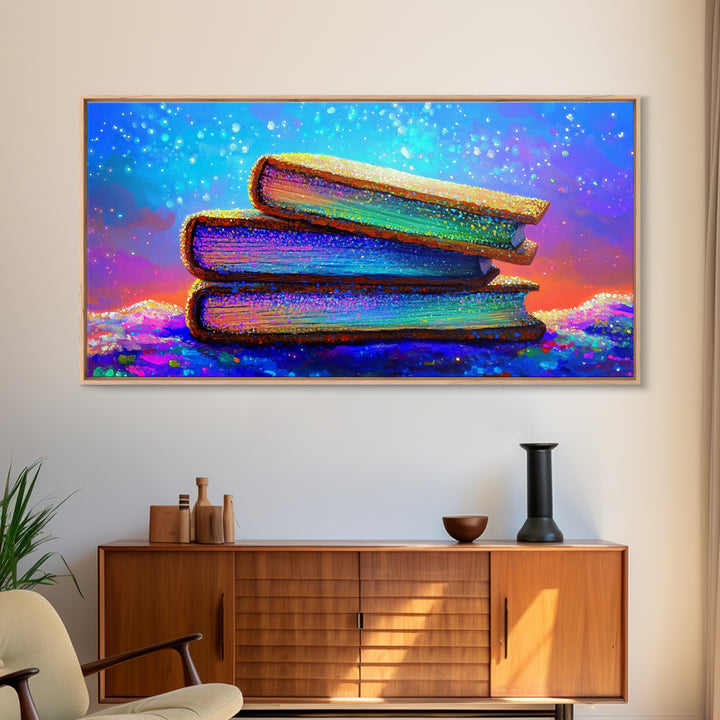 Stacked Rainbow Books Under Starry Sky Canvas Print, Book Lover Wall Art, Library Decor, Cozy Reading Nook Gift For Home Office Decor