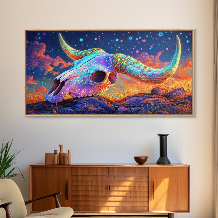 Iridescent Longhorn Skull Desert Sunset Wall Art, Western Decor, Cow Skull Canvas Print, Southwestern Home Decor Gift For Him