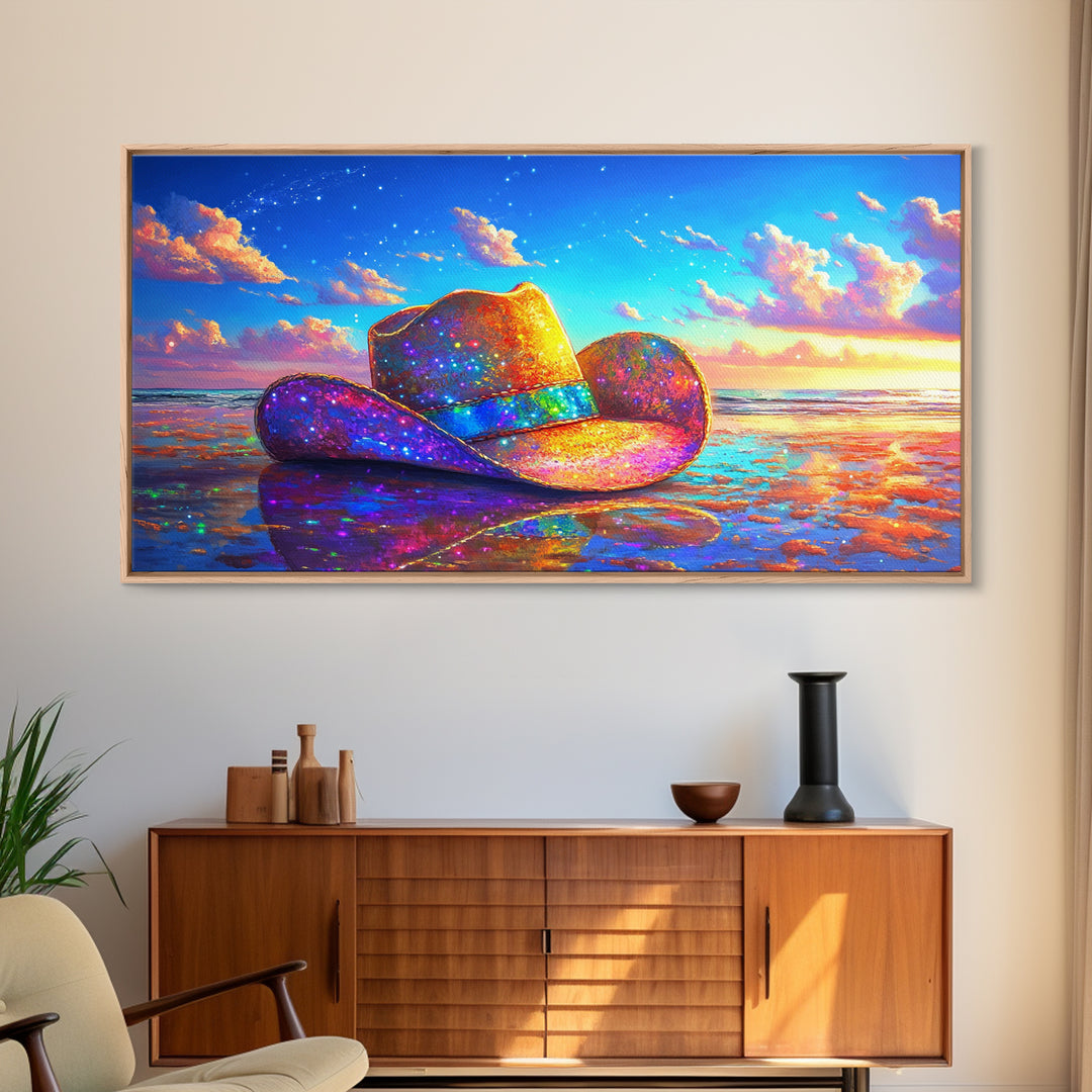 Sparkling Cowboy Hat On Sunset Beach Wall Art, Western Coastal Decor, Cowgirl Canvas Print, Beach House Gift For Her, Home Decor