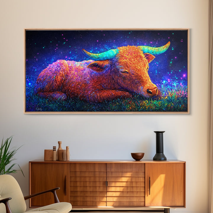 Sleeping Longhorn Cow Under Starry Sky Wall Art, Western Animal Canvas Print, Rustic Farmhouse Decor, Gift For Him, Home Decor