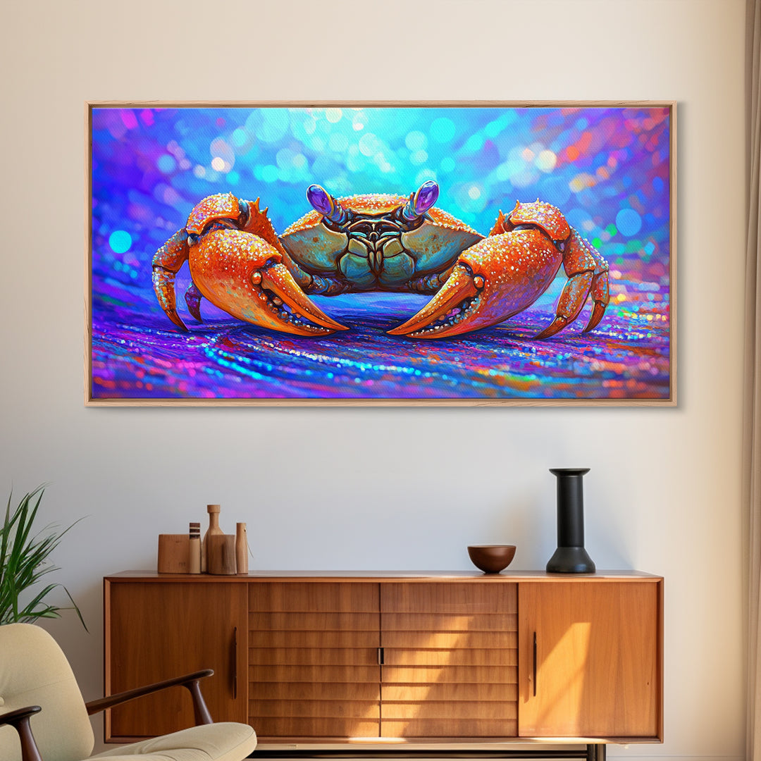 Vibrant Orange Crab On Sparkling Ocean Sand Canvas Print, Coastal Wall Art, Sea Life Decor, Beach House Decor, Ocean Animal Art