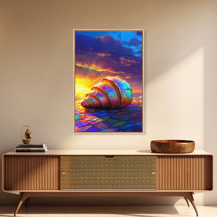 Iridescent Seashell Sunset Framed Canvas Print, Coastal Wall Art, Beach House Decor, Ocean Art Print, Colorful Seascape Gift