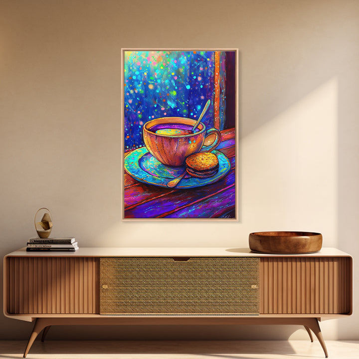 Cozy Tea Cup And Cookie Canvas Print, Coffee Shop Wall Art, Cafe Decor, Kitchen Wall Decor, Whimsical Foodie Gift For Dining Room Prints