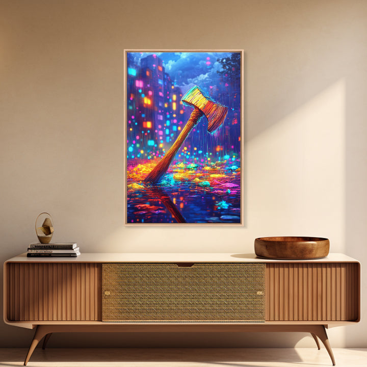 Neon Axe In Rainy City Framed Canvas Print, Cyberpunk Wall Art, Dystopian Decor, Gamer Room Art, Unique Gift For Him, Home Decor