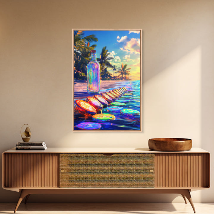 Rainbow Glass Bottle On Tropical Beach Canvas Print, Coastal Wall Art, Beach House Decor, Ocean Art Print, Summer Home Decor
