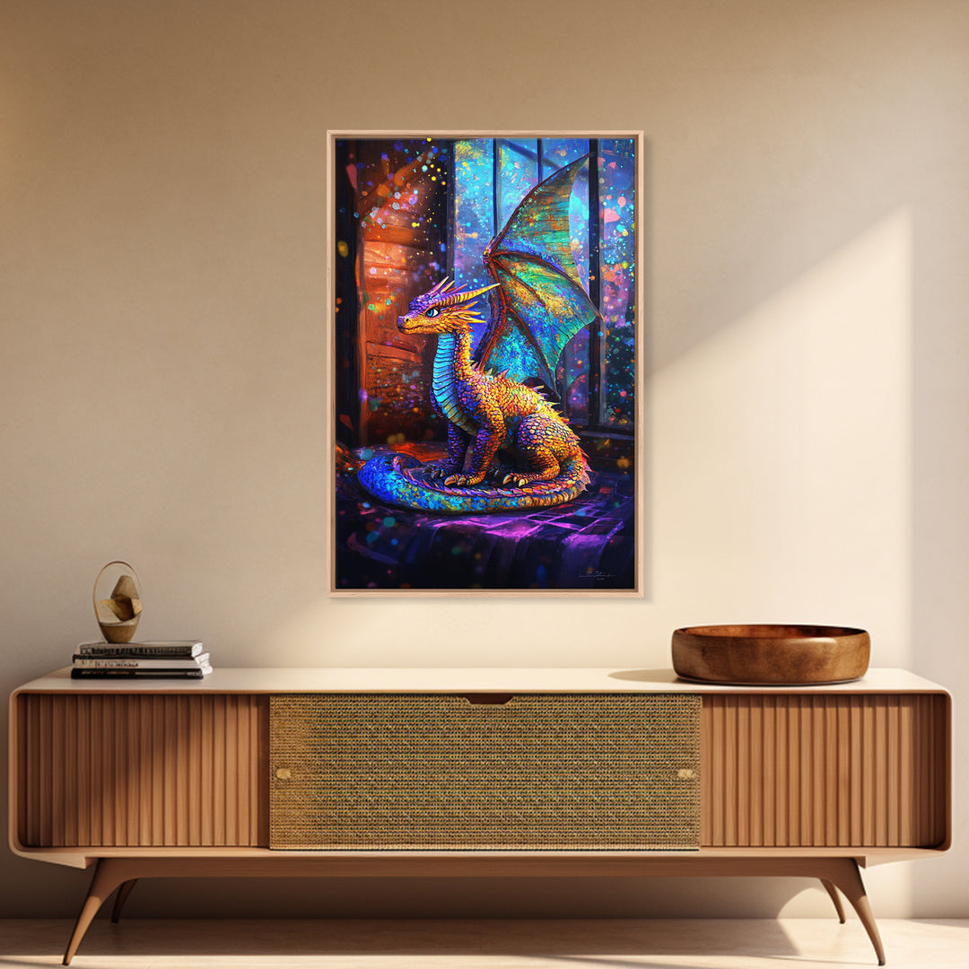 Iridescent Baby Dragon On Windowsill Wall Art, Fantasy Art, Whimsical Decor, Kids Room Art, Dragon Gift, Framed Canvas Print