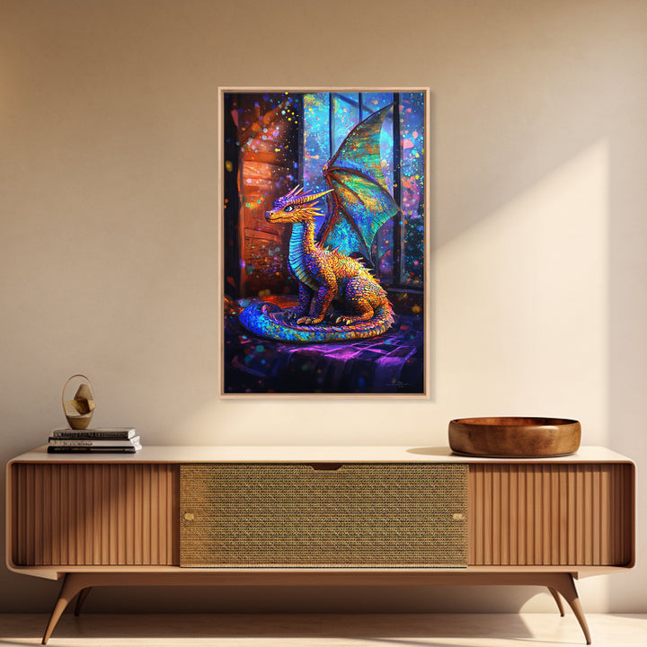 Iridescent Baby Dragon On Windowsill Wall Art, Fantasy Art, Whimsical Decor, Kids Room Art, Dragon Gift, Framed Canvas Print