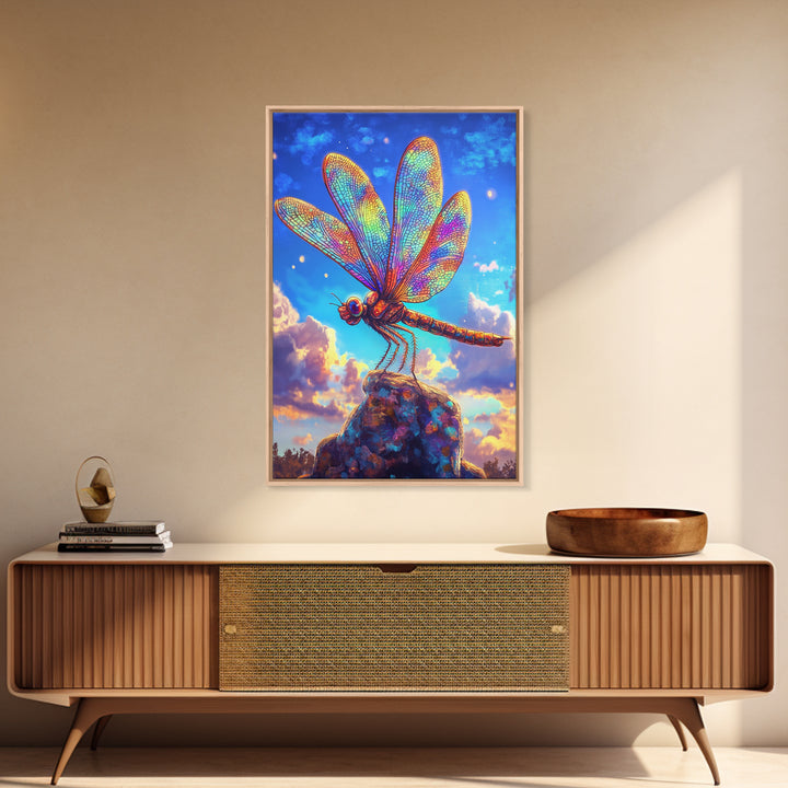 Stained Glass Dragonfly On Rock Canvas Print, Colorful Wildlife Art, Nature Wall Art, Whimsical Decor, Nature Lover Gift
