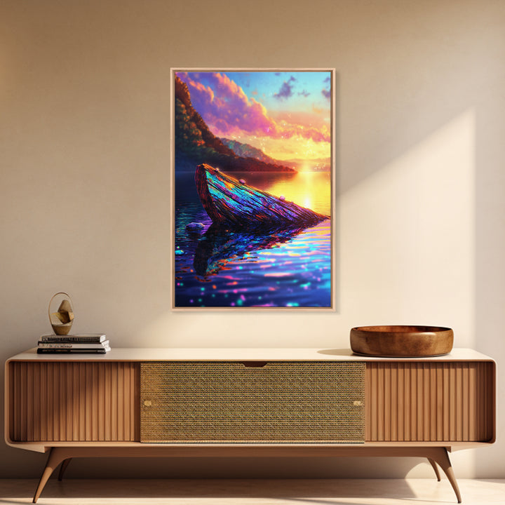 Iridescent Driftwood Boat On Mountain Lake Canvas Print, Sunset Landscape Art, Coastal Wall Decor, Colorful Nature Print