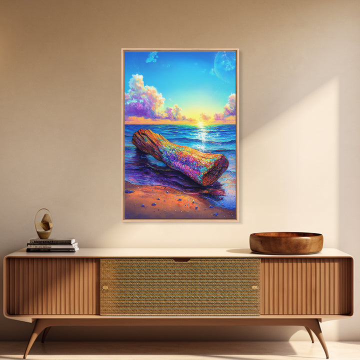 Rainbow Driftwood Log On Sunny Ocean Beach Canvas Print, Coastal Wall Art, Seascape Decor, Beach House Art, Large Wall Decor