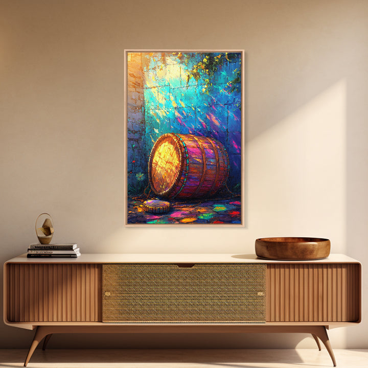 Sunlit Wooden Barrel Against Turquoise Wall Canvas Print, Rustic Kitchen Wall Art, Farmhouse Decor, Colorful Courtyard Print