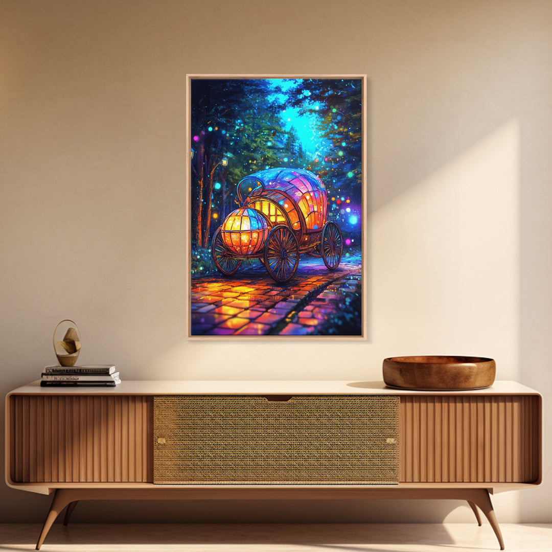 Glowing Pumpkin Carriage In Forest Canvas Print, Fairytale Wall Decor, Whimsical Nursery Art, Fantasy Room Decor Gift For Girls Room