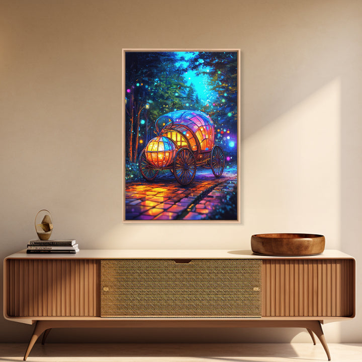 Glowing Pumpkin Carriage In Forest Canvas Print, Fairytale Wall Decor, Whimsical Nursery Art, Fantasy Room Decor Gift For Girls Room