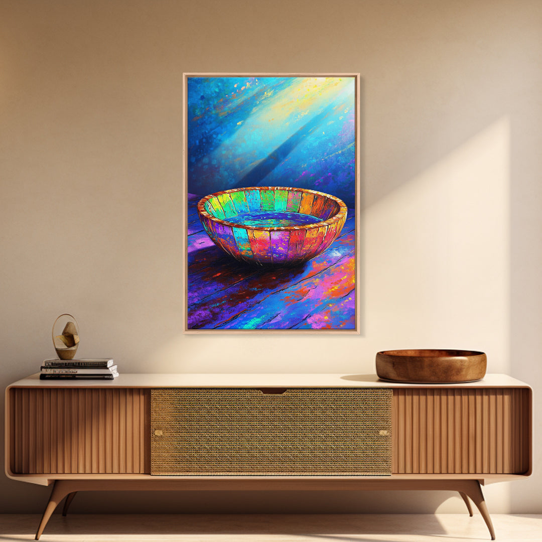 Rustic Rainbow Wooden Bowl Canvas Print, Colorful Kitchen Wall Art, Modern Farmhouse Decor, Wabi Sabi Art, Housewarming Gift