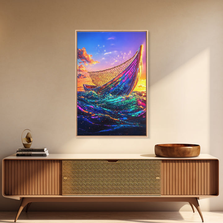 Glowing Fishing Boat At Sunset Framed Canvas Print, Ocean Wall Art, Coastal Decor, Nautical Seascape, Beach House Living Room Decor Gift