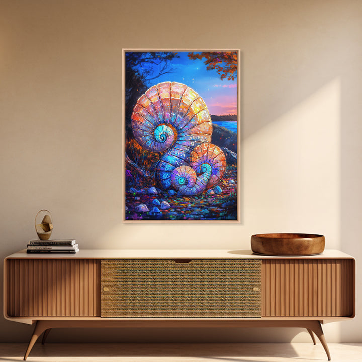 Glowing Nautilus Shells By Twilight Lake Framed Canvas Print, Coastal Wall Art, Seashell Decor, Beach House Gift, Ocean Wall Decor