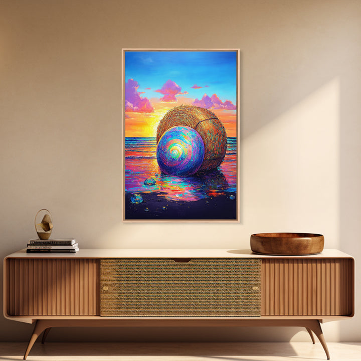 Rainbow Shell And Hay Bale On Beach Canvas Print, Coastal Wall Art, Ocean Sunset Seascape Decor, Beach House Home Decor Gift