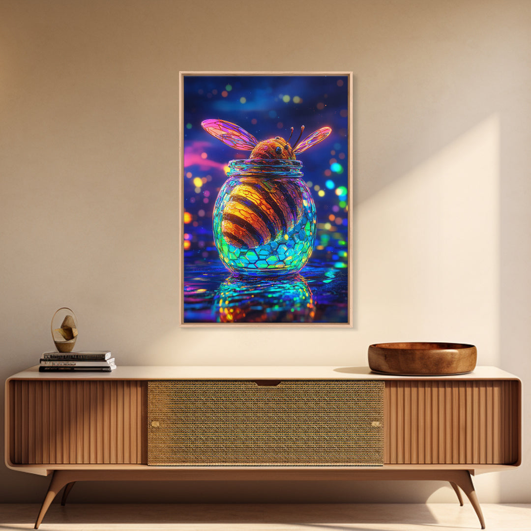 Glowing Honey Bee In Glass Jar Framed Canvas Print, Whimsical Animal Wall Art, Nature Home Decor, Bee Lover Gift For Her