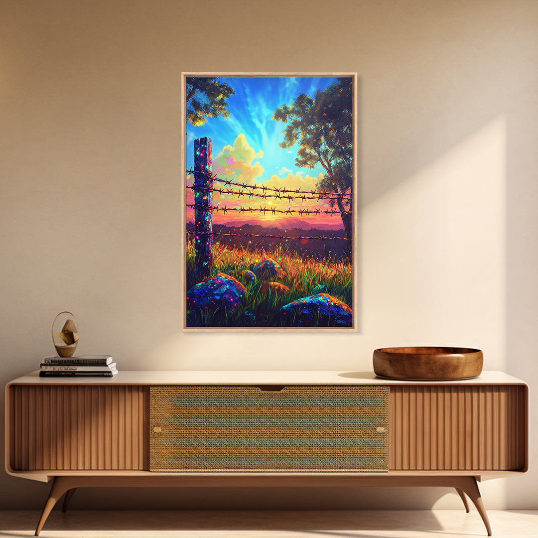 Barbed Wire Fence At Sunset Meadow Canvas Print, Rustic Western Wall Art, Farmhouse Decor, Country Landscape Housewarming Gift