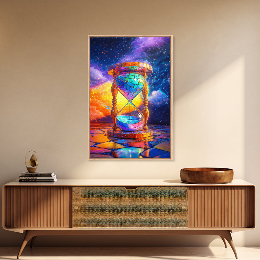 Cosmic Stained Glass Hourglass Canvas Print, Surreal Celestial Wall Art For Office Decor, Modern Home Decor Living Room Gift
