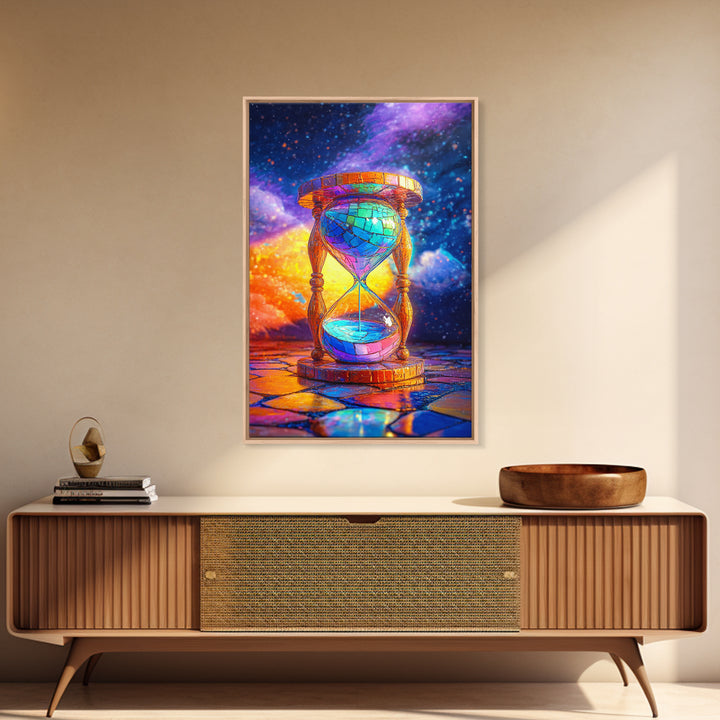 Cosmic Stained Glass Hourglass Canvas Print, Surreal Celestial Wall Art For Office Decor, Modern Home Decor Living Room Gift