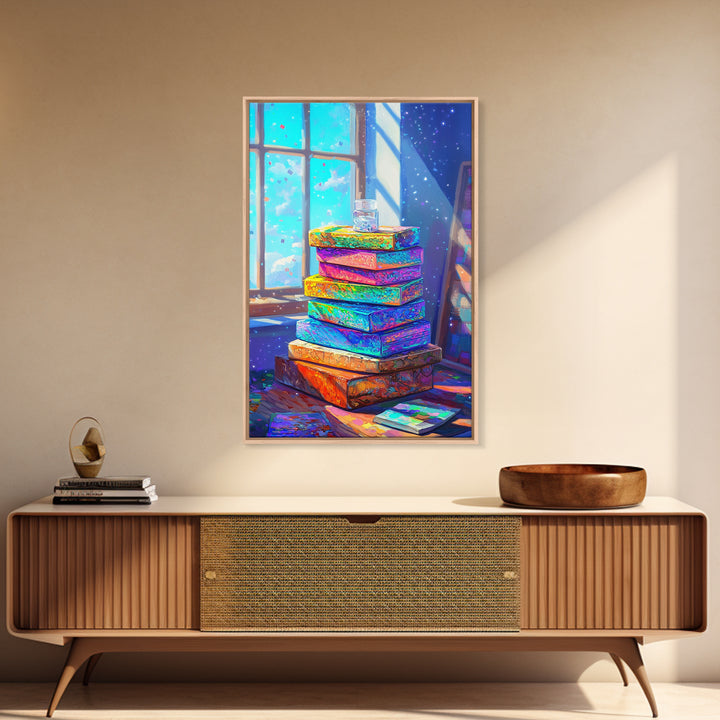 Rainbow Stack Of Books By Sunny Window Canvas Print, Cozy Bookstore Wall Art For Library Decor And Reading Nook Home Decor Gift