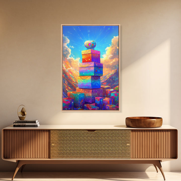 Sparkling Rainbow Gift Boxes In Mountain Sky Canvas Print, Whimsical Wall Art For Kids Room Nursery Decor And Birthday Gift