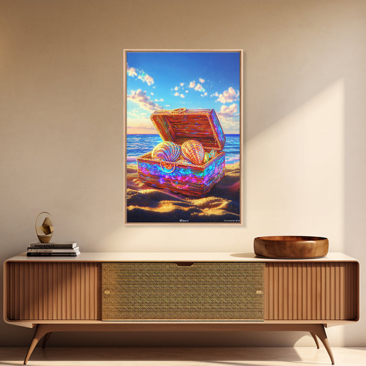 Glittering Seashell Treasure Chest Canvas Print, Coastal Beach House Decor, Ocean Wall Art, Nautical Gift For Her Home Decor