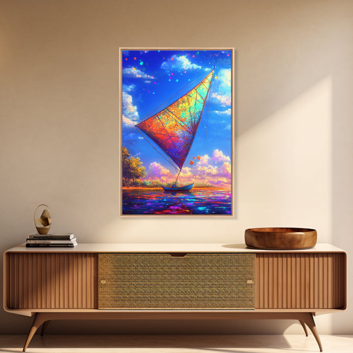 Rainbow Sailboat On Sparkling Water Wall Art, Coastal Canvas Print, Nautical Decor, Ocean Art, Beach House Gift, Home Decor