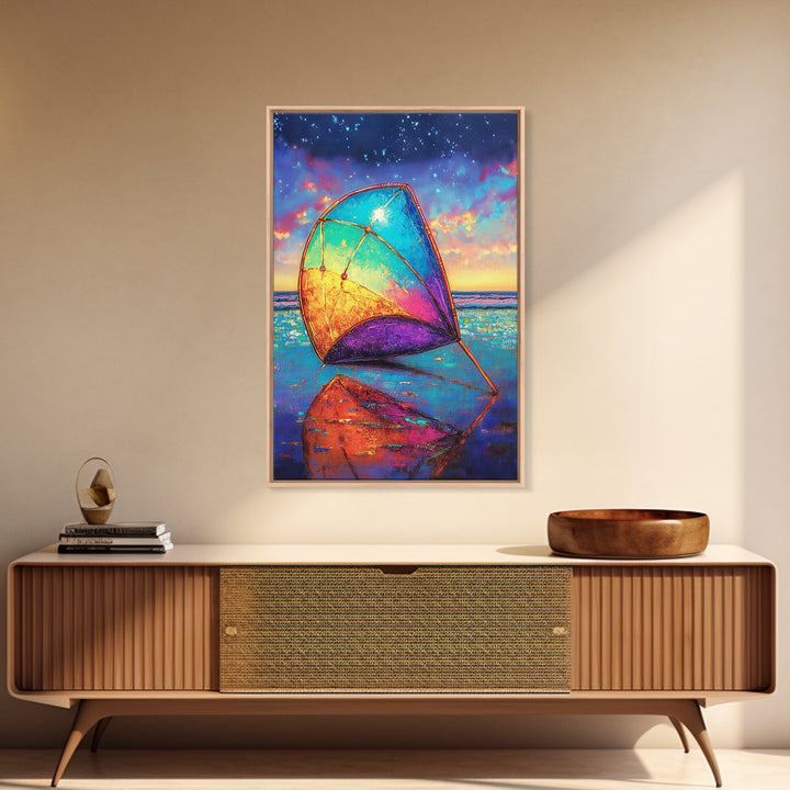 Rainbow Beach Sail At Twilight Canvas Print, Coastal Wall Art, Ocean Seascape Decor, Nautical Beach House Gift, Home Decor
