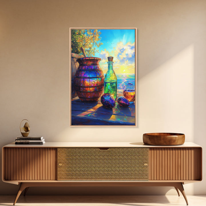 Coastal Bottle Vase And Figs Framed Canvas Print, Mediterranean Kitchen Wall Art, Wine Decor, Beach House Decor, Fine Art Print