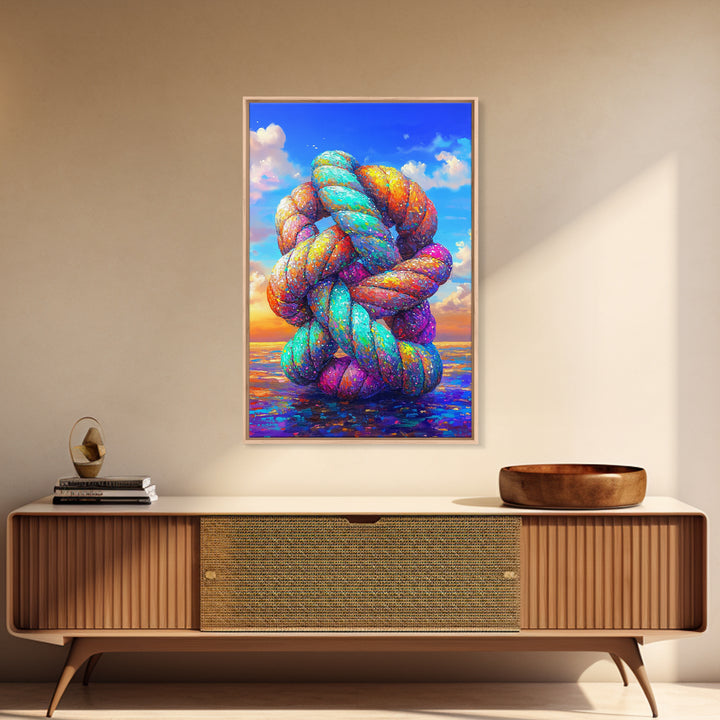 Rainbow Twisted Knot Sculpture In Ocean Framed Canvas Print, Colorful Abstract Art, Modern Wall Art, Statement Home Decor