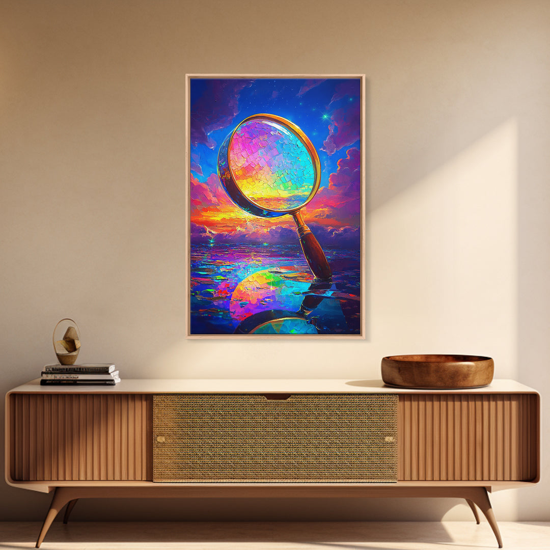 Rainbow Magnifying Glass At Sunset Canvas Print, Surreal Ocean Wall Art, Coastal Seascape Decor, Unique Office Art Gift For Him