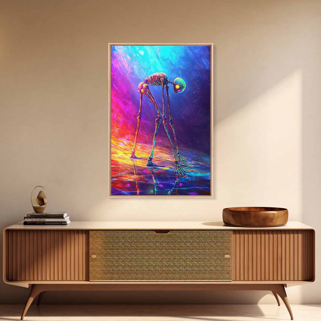 Neon Rainbow Skeleton Walker Framed Canvas Print, Surreal Dark Art, Gothic Wall Decor, Dystopian Sci Fi Artwork Gift For Him