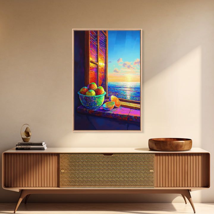 Sunlit Oranges By Ocean Window Canvas Print, Coastal Kitchen Wall Art, Beach House Decor, Vibrant Fruit Still Life Gift For Her
