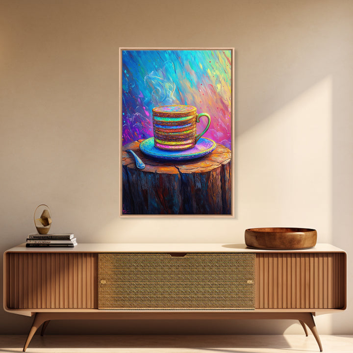 Steaming Rainbow Coffee Cup On Rustic Stump Canvas Print, Cozy Kitchen Wall Art, Coffee Bar Decor, Gift For Coffee Lover