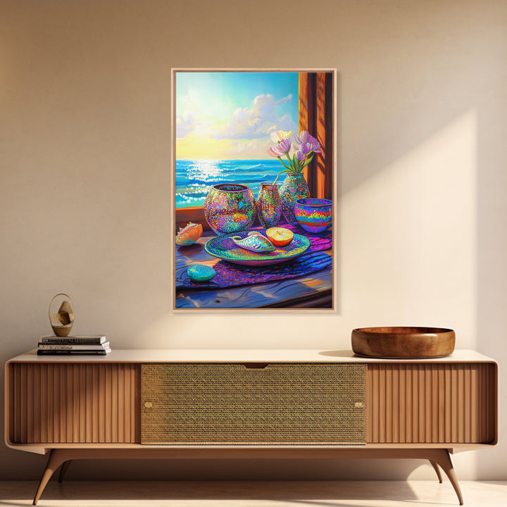 Seaside Shells And Flowers On Sunny Table Canvas Print, Coastal Kitchen Wall Art, Beach House Decor, Ocean Home Decor Gift