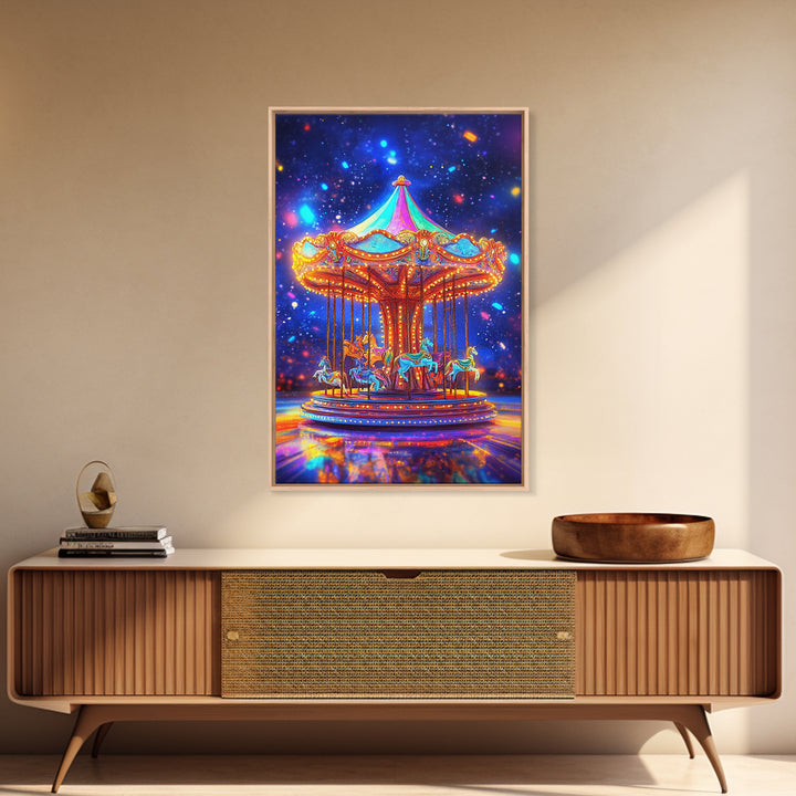 Glowing Carousel Horses Under Starry Sky Canvas Print, Whimsical Wall Art, Nursery Decor, Fantasy Art, Kids Room Decor Gift