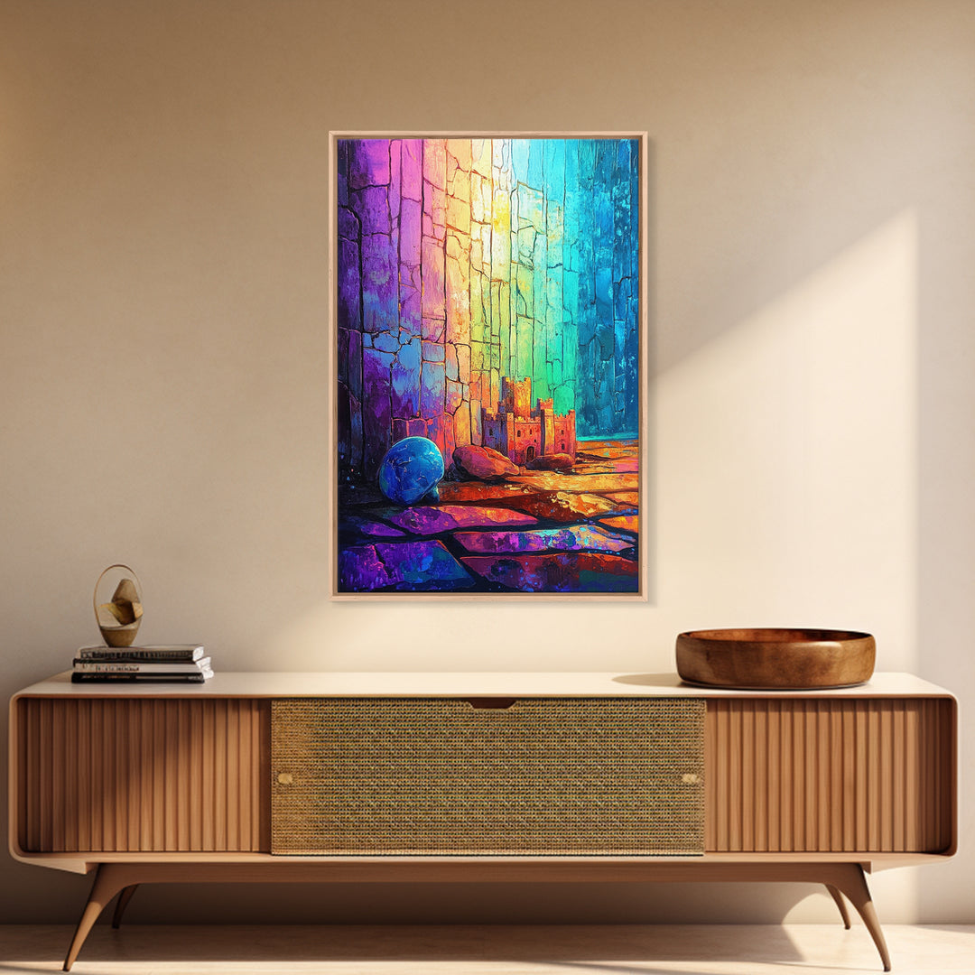 Tiny Castle And Blue Ball In Rainbow Light Framed Canvas Print, Abstract Wall Art, Colorful Decor, Whimsical Fantasy Gift