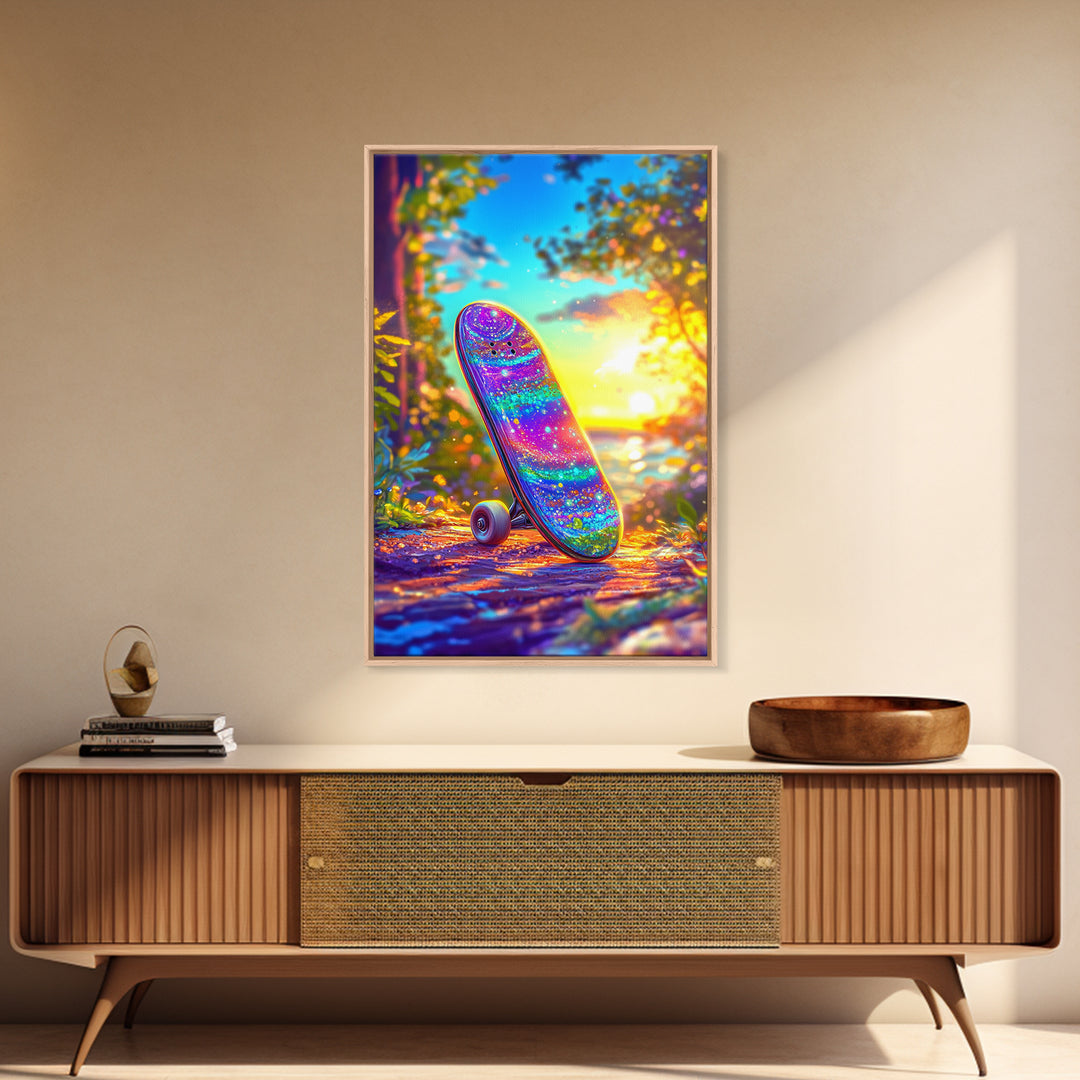 Rainbow Glitter Skateboard At Golden Sunset Wall Art, Canvas Print, Colorful Teen Room Decor, Skateboard Poster, Unique Gift