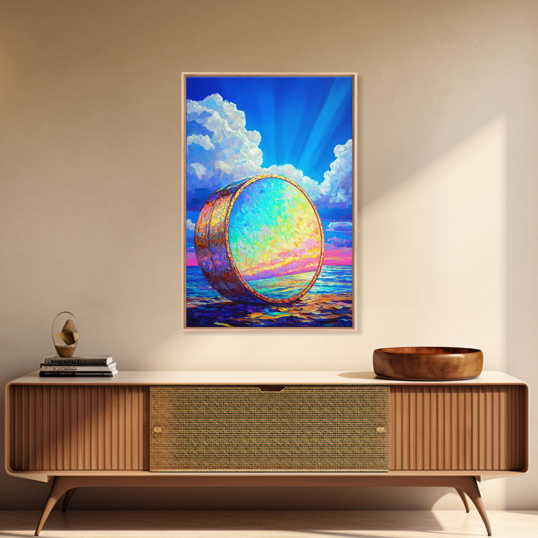 Iridescent Ocean Drum Under Blue Sky Canvas Print, Coastal Wall Art, Music Room Decor, Seascape Art Print, Colorful Gift