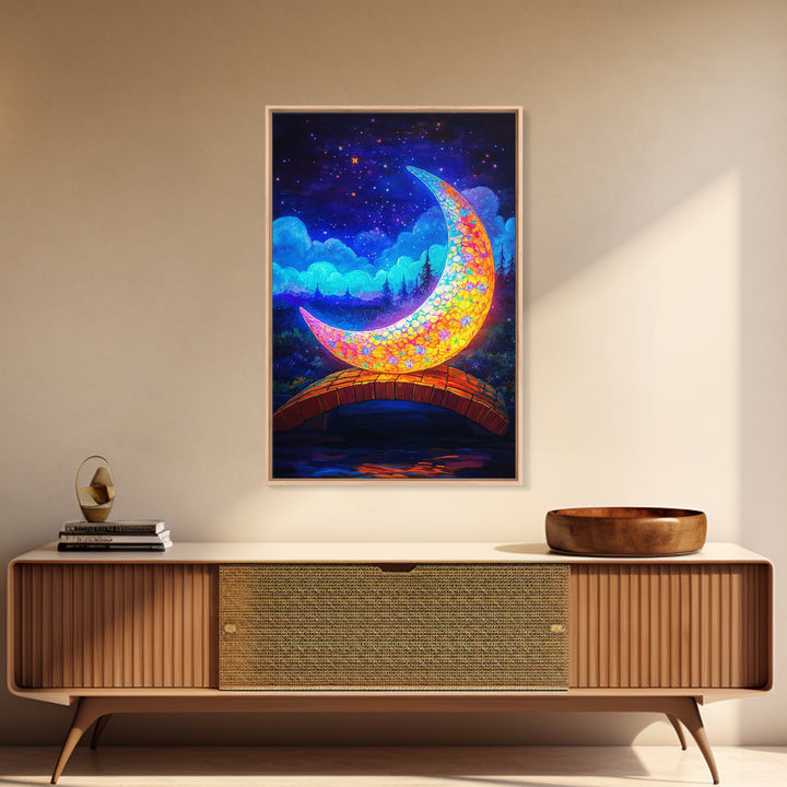 Glowing Crescent Moon Bridge Wall Art, Celestial Canvas Print, Fantasy Nursery Decor, Whimsical Night Sky Art Gift For Kids Room