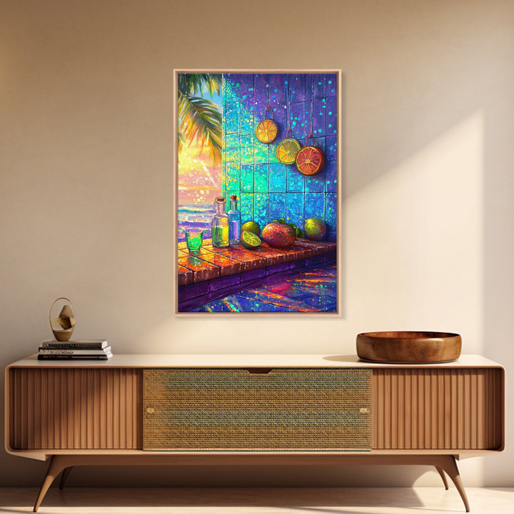 Tropical Citrus Window Still Life Framed Canvas Print, Coastal Kitchen Wall Art, Beach House Decor, Colorful Bar Art Poster