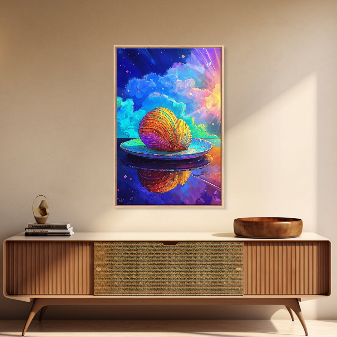 Rainbow Seashell On Reflective Plate Wall Art, Coastal Canvas Print, Ocean Decor, Beach House Gift, Colorful Seascape Art