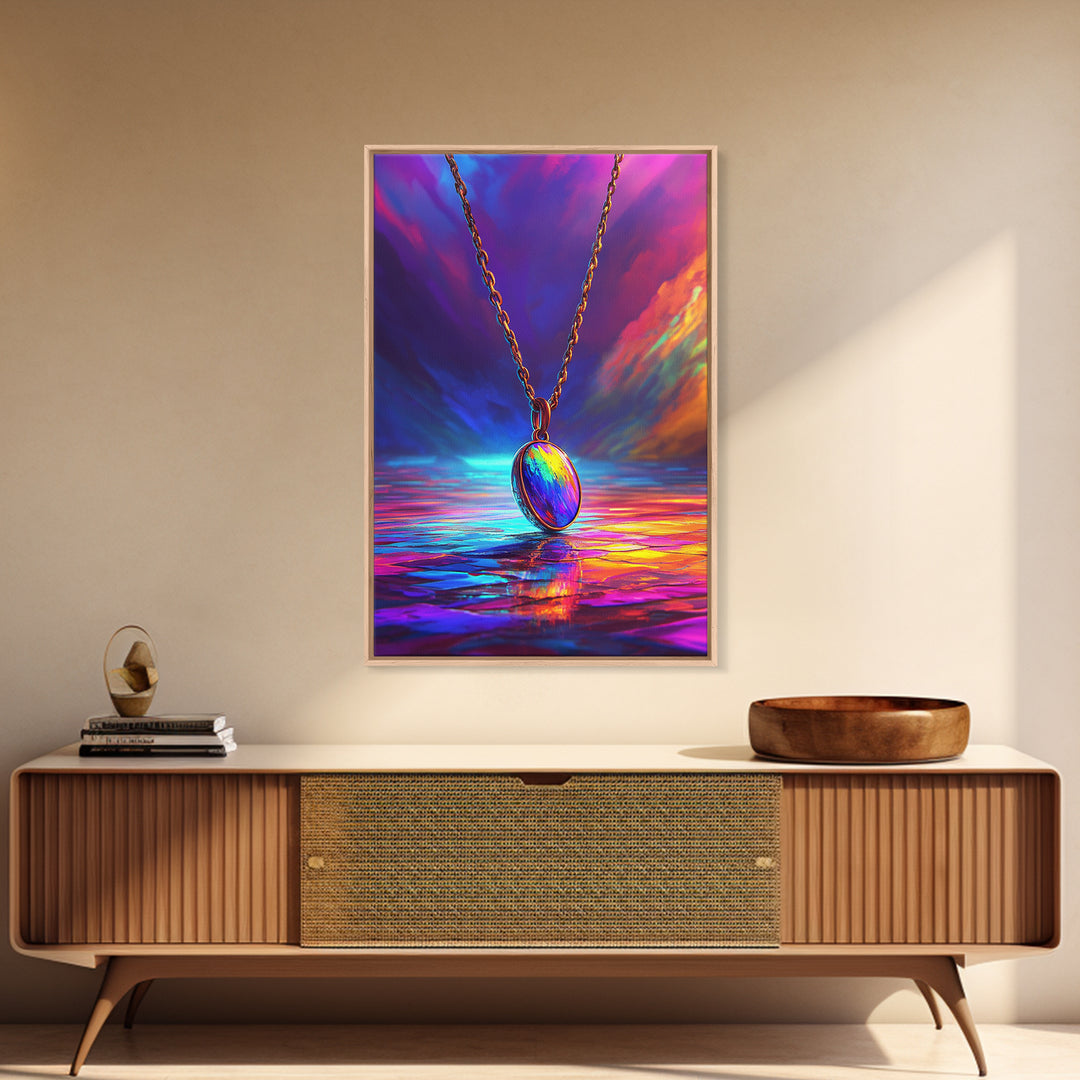 Rainbow Pendant Necklace Over Sunset Sea Framed Canvas Print, Colorful Wall Art, Jewelry Lover Gift, Romantic Ocean Decor
