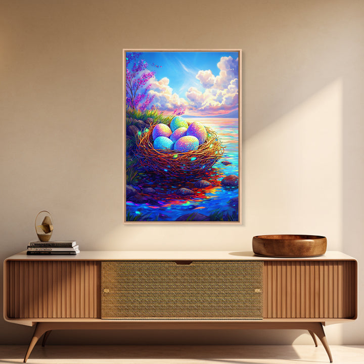 Pastel Eggs In Seaside Nest Wall Art, Colorful Coastal Canvas Print, Easter Nursery Decor, Whimsical Housewarming Gift