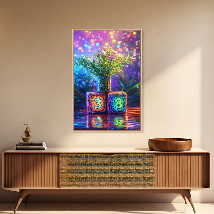 Number Blocks With Blooming Plant Wall Art, Colorful Nursery Canvas Print, Kids Room Decor, Baby Shower Housewarming Gift